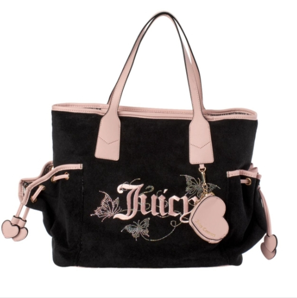 Juicy Couture Wingin It Tote Blk Liquorice/ Pink Diamond W/ Heart Coin Pouch NWT